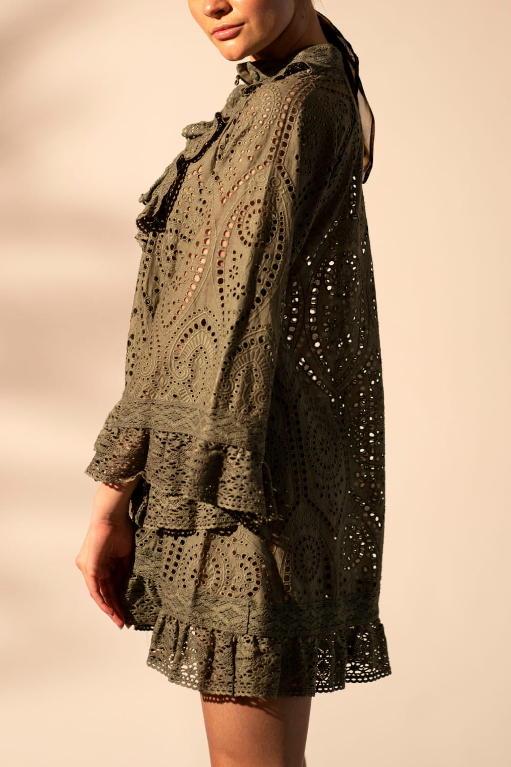 Buy Army green frilled schiffli short dress by Nikita Mhaisalkar at Aashni and Co Buy Army green frilled schiffli short dress by Nikita Mhaisalkar at Aashni and Co