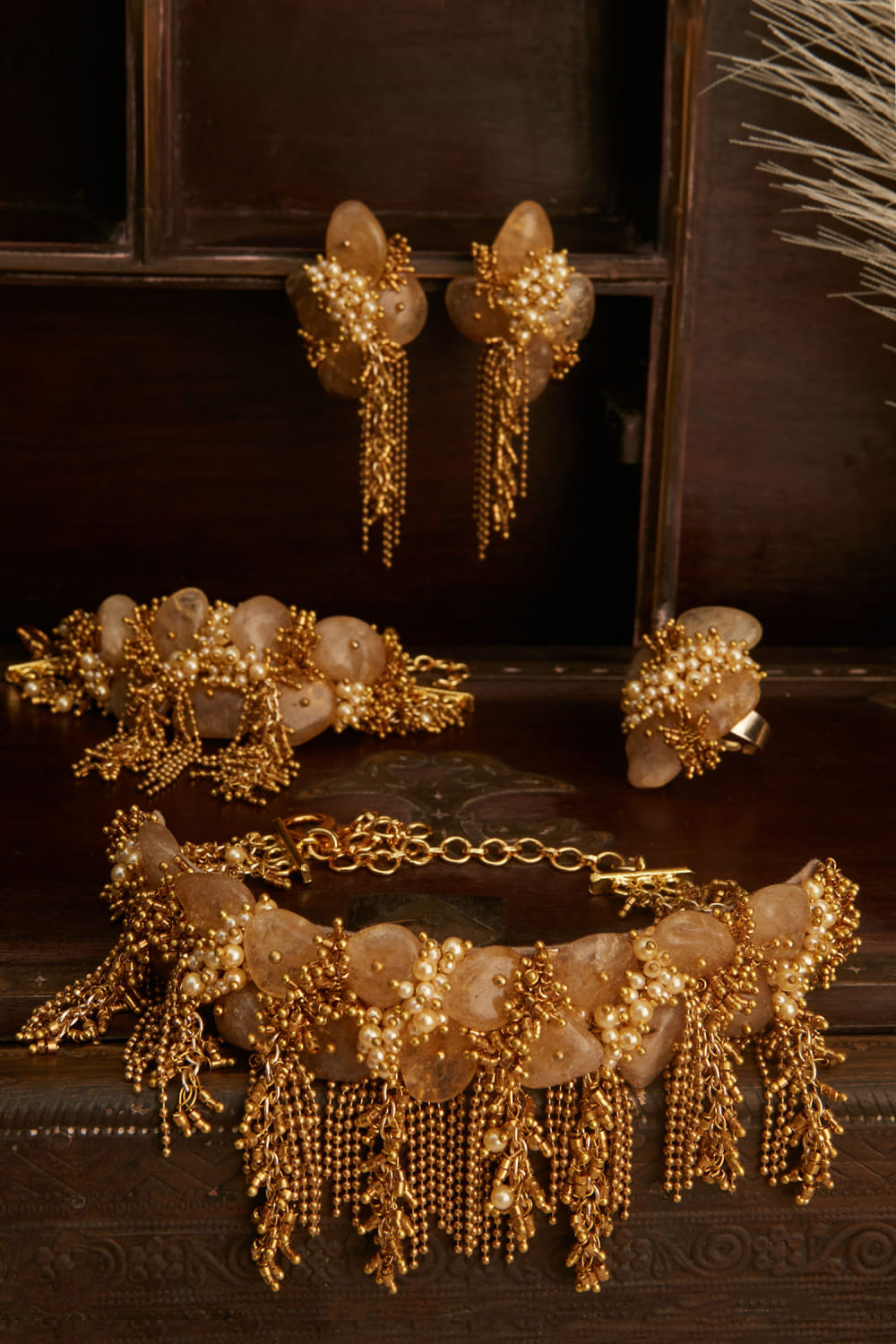 Buy Beige semi-precious stone embellished choker set by House of D