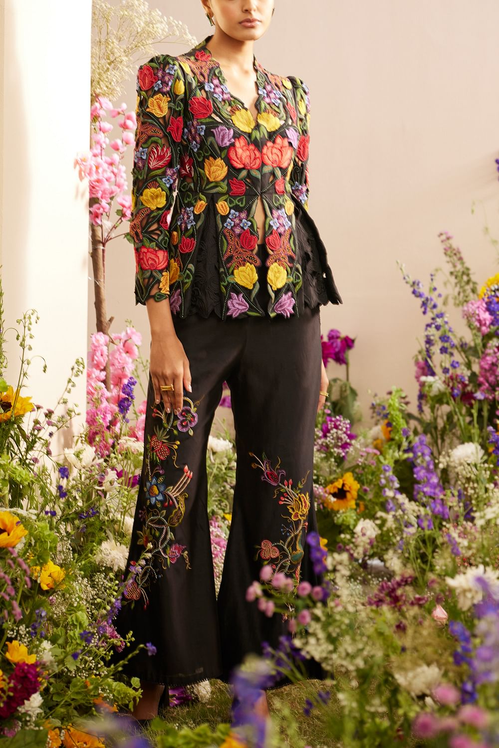 Black floral embroidery bell bottom pants