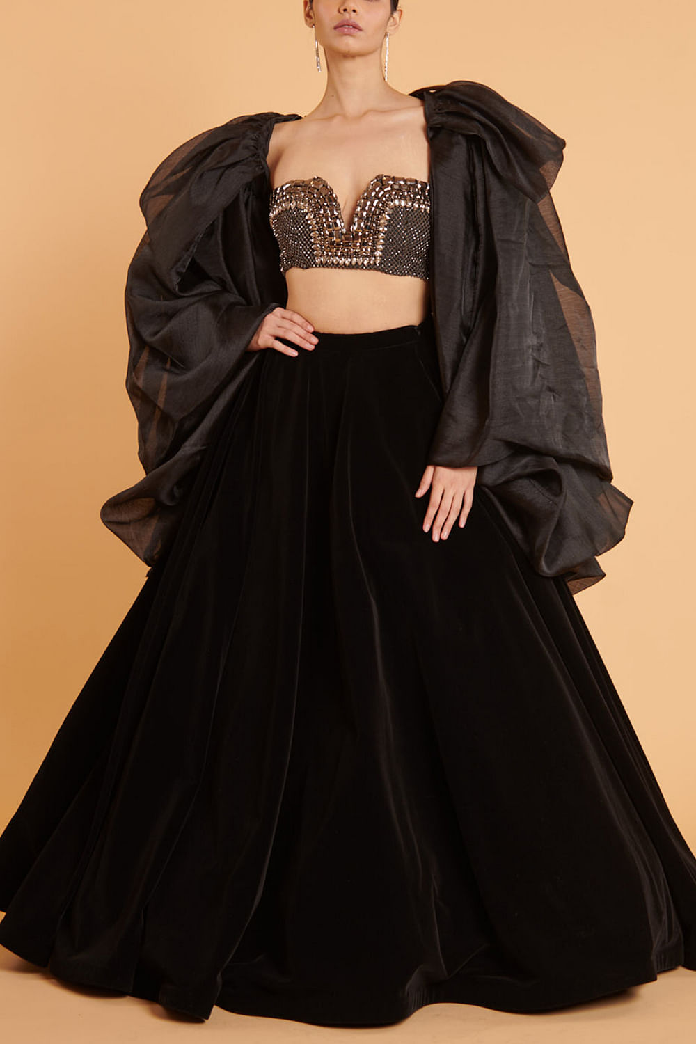 Buy Black velvet lehenga by Siddartha Tytler at Aashni and Co