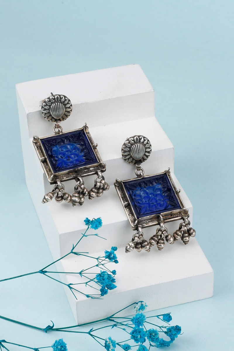 Buy Blue carved silver earrings by Sangeeta Boochra at Aashni and Co