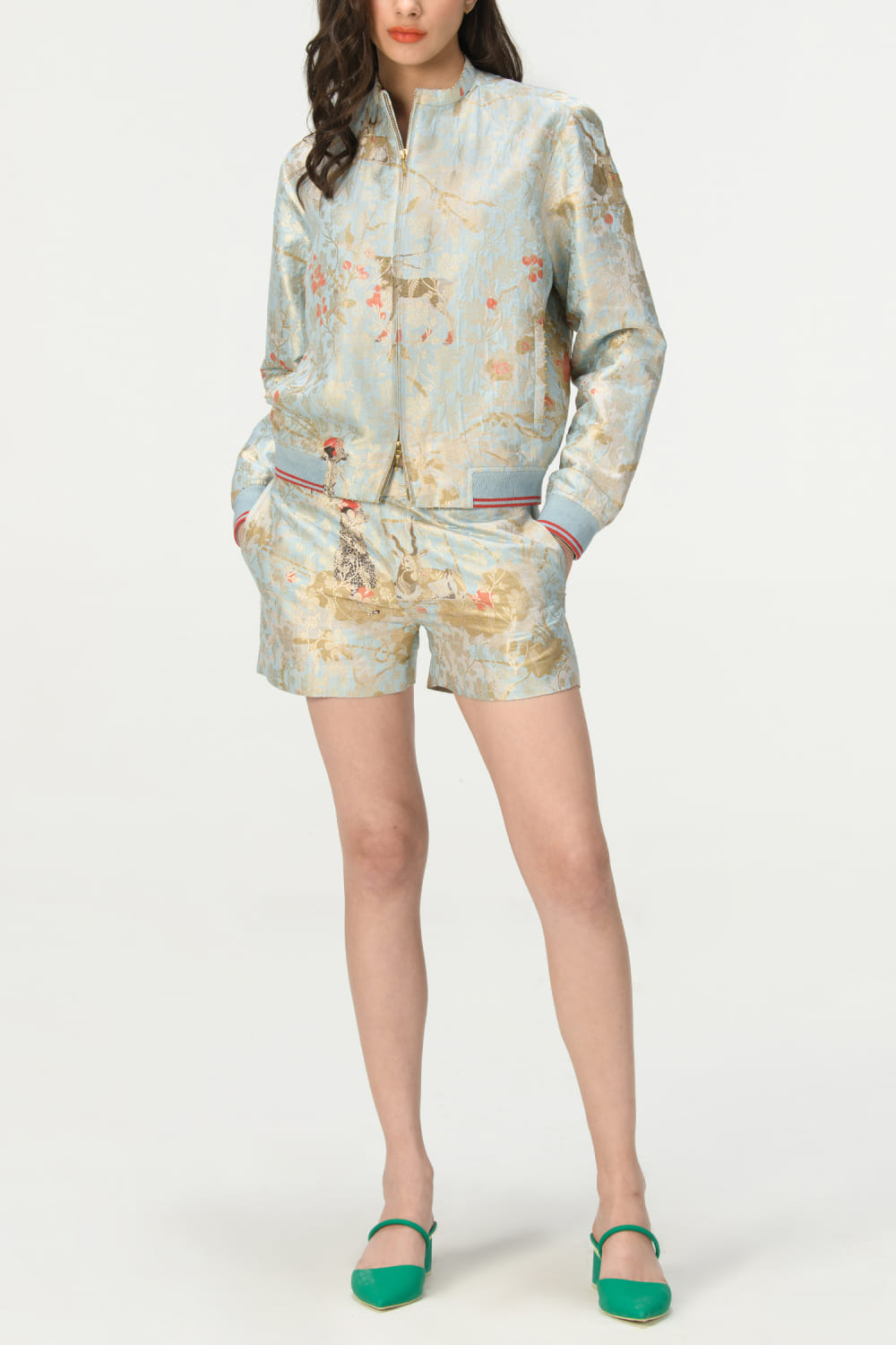 Buy Blue rainforest print bomber jacket by Suketdhir at Aashni and Co