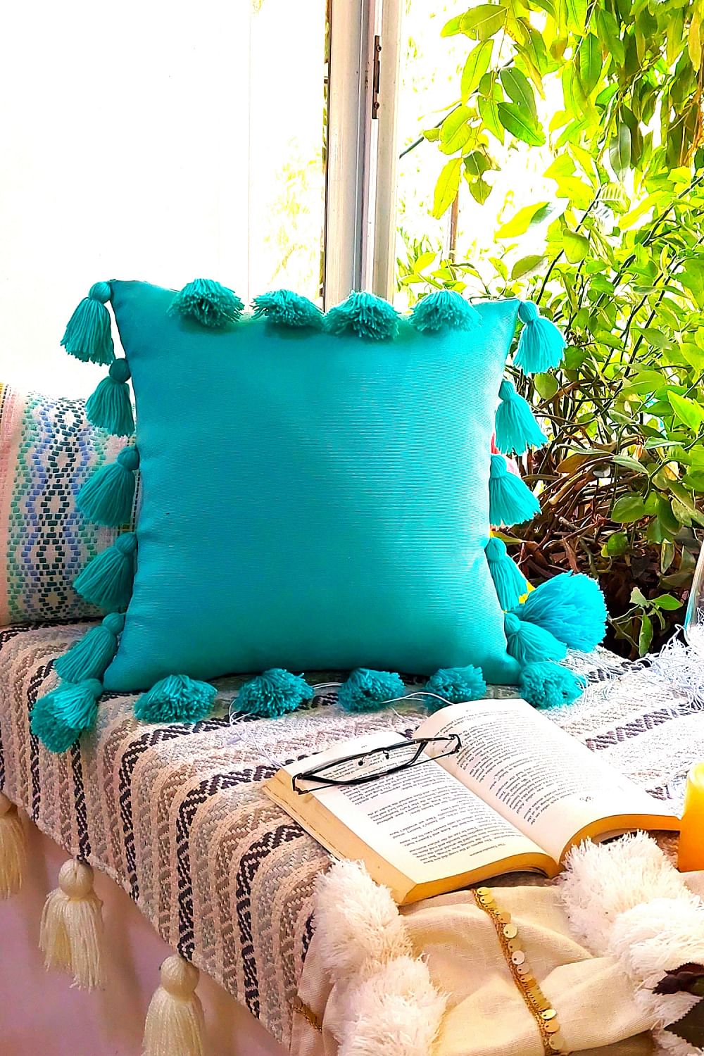 Buy Blue tassel square cushion cover by Throw Pillow at Aashni and Co