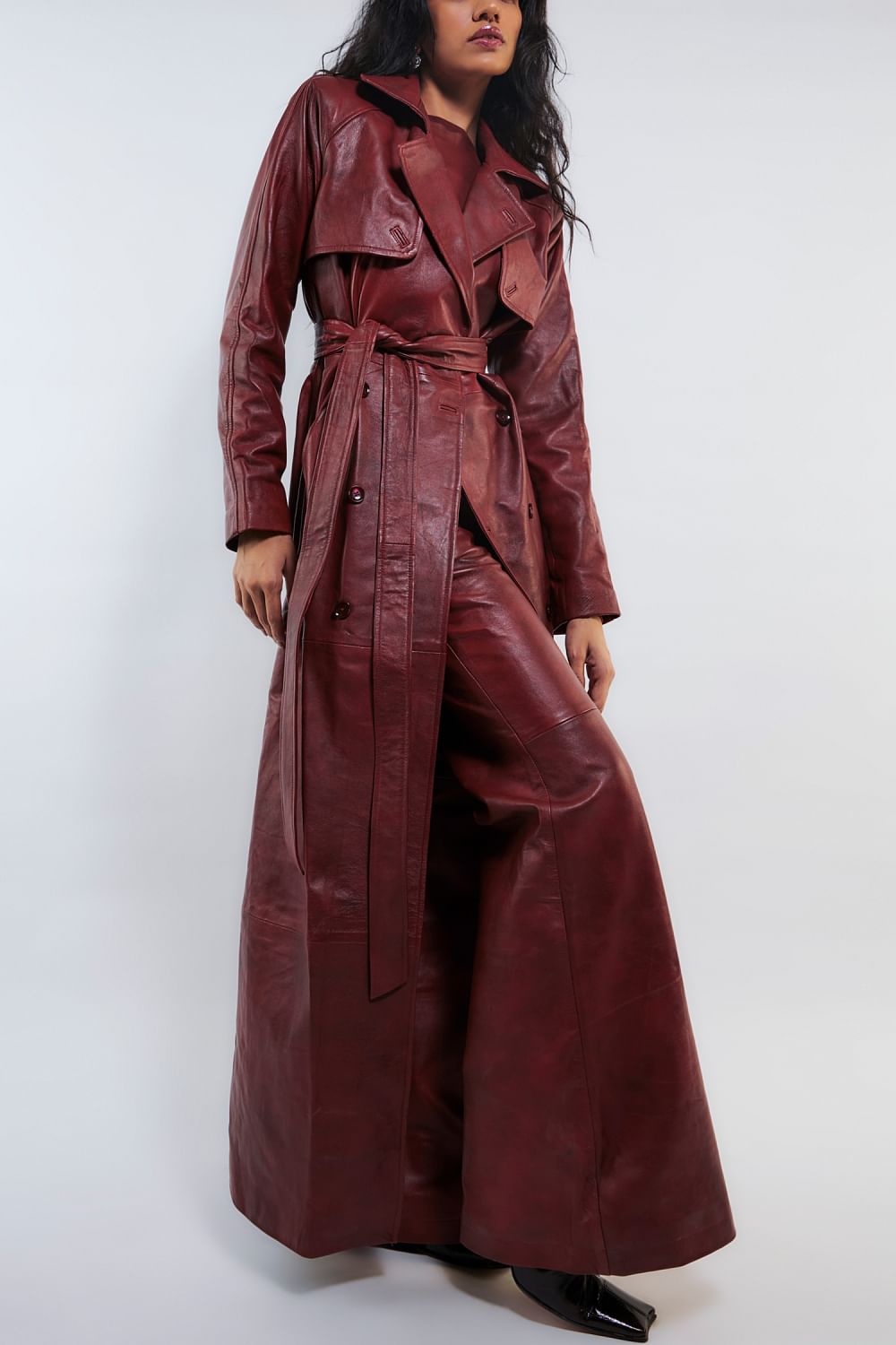 Cherry red leather trench coat set