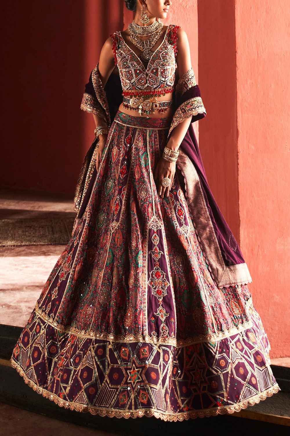 Dark purple jamawar lehenga set