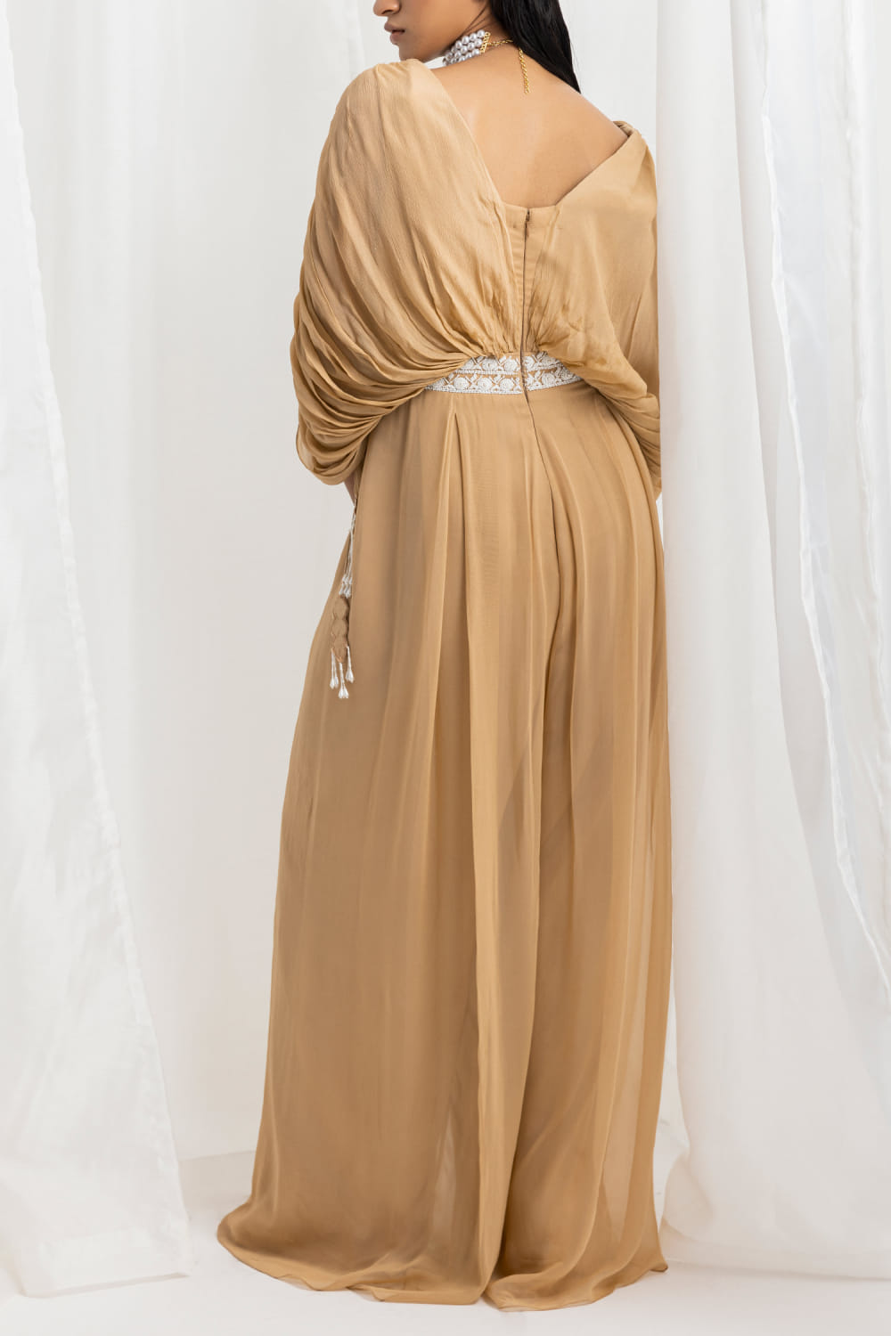 Buy Dune gold pearl and bead embellished draped jumpsuit by Seema Thukral  at Aashni and Co
