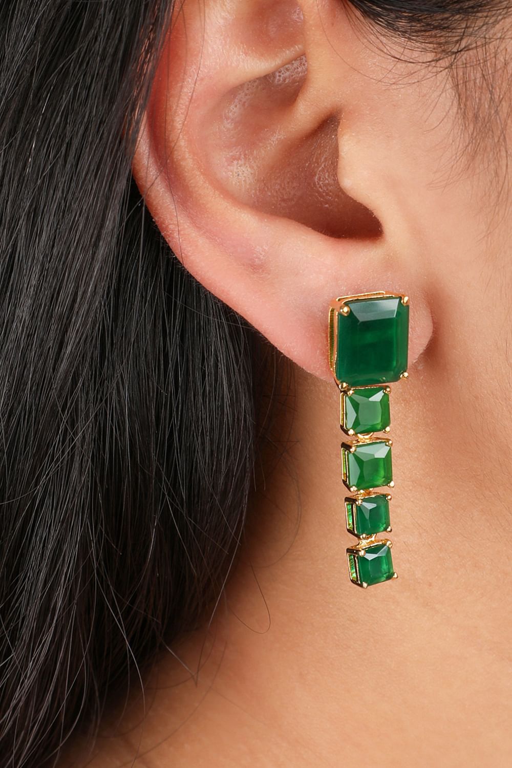 Buy Gold faux emerald drop earrings by Sica Jewellery at Aashni and Co