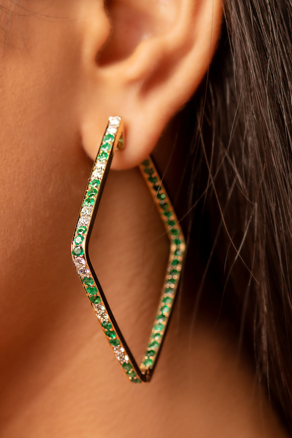 Green emerald rhombus diamond hoop earrings