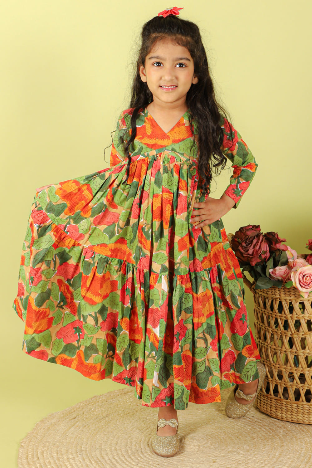 Buy Green floral block print dress by Kalp at Aashni and Co