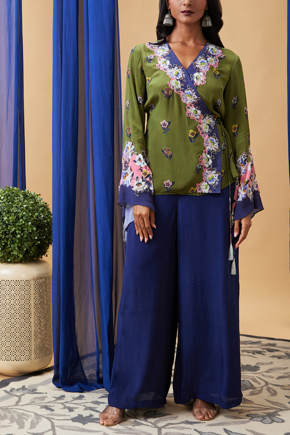 Green floral print angrakha co-ords