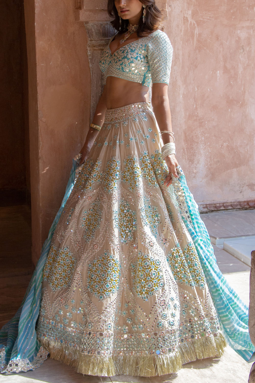 Buy Grey mirror and resham embroidery lehenga set by Abhinav