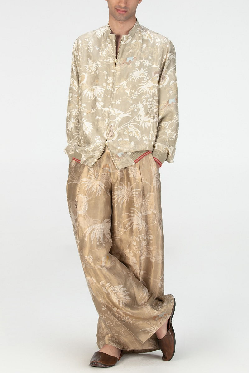 Grey rainforest print silk bomber jacket