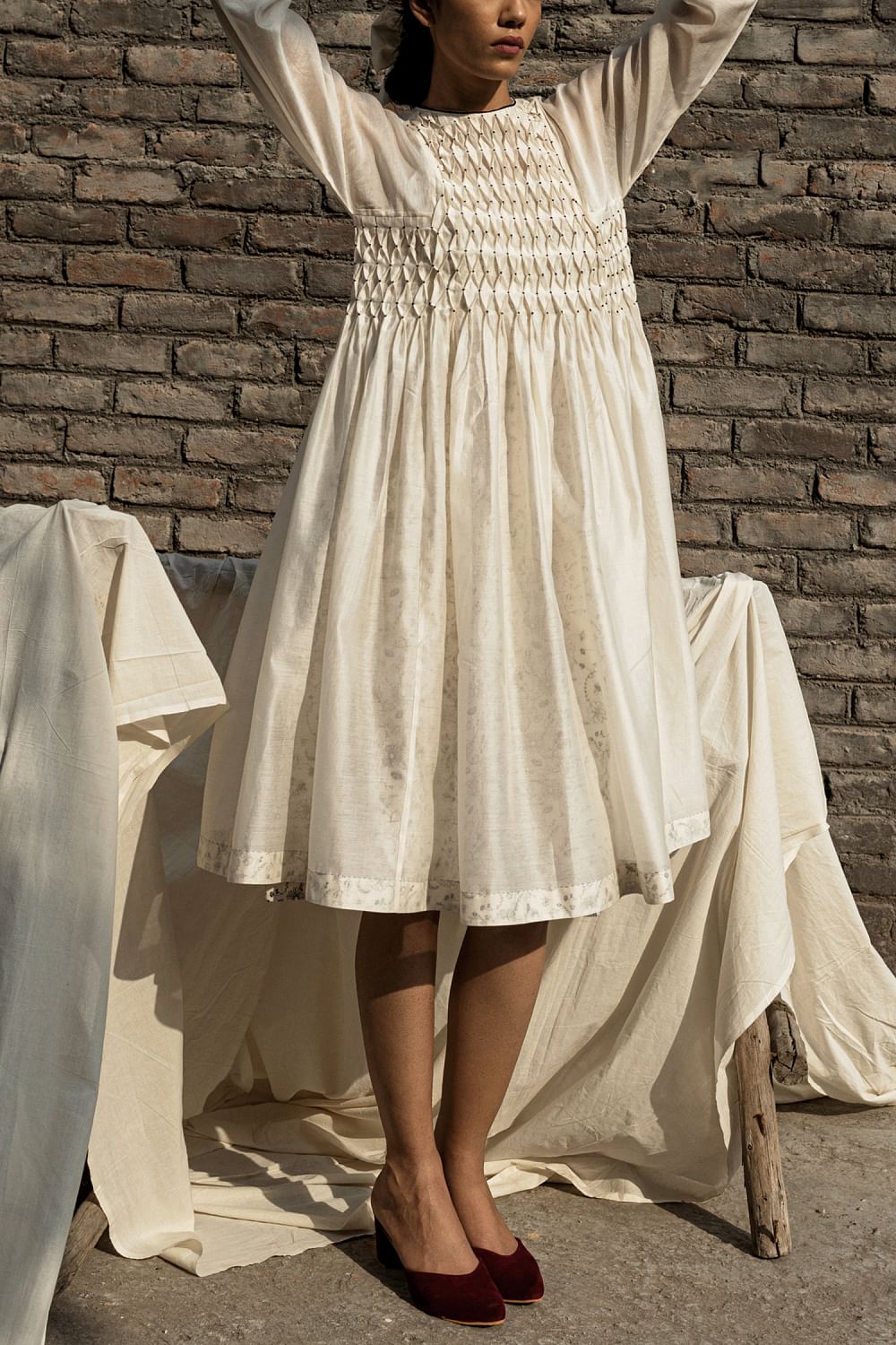 Buy Ivory smocked dress set by Ahmev at Aashni and Co