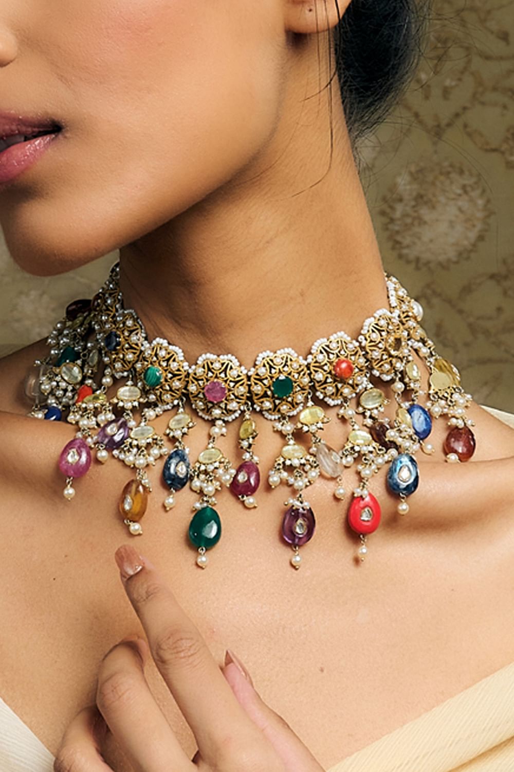 Multicolour navratna and semi precious stone embellished choker