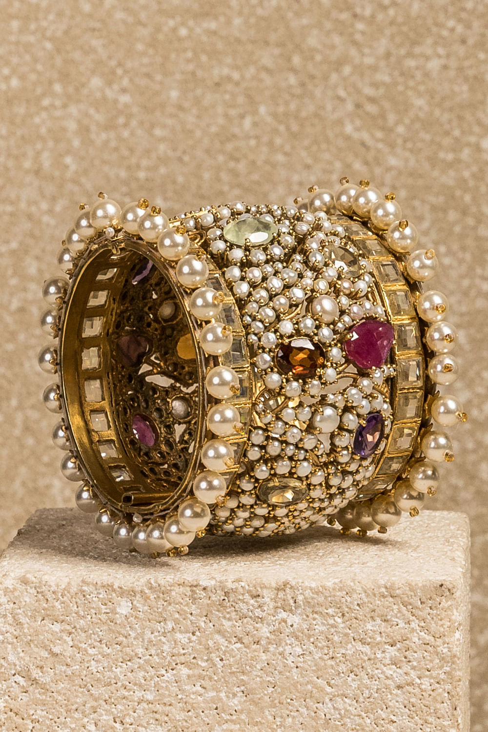 Buy Multicolour navratna stone and pearl embellished pacheli kada by Tarun Tahiliani at Aashni and Co