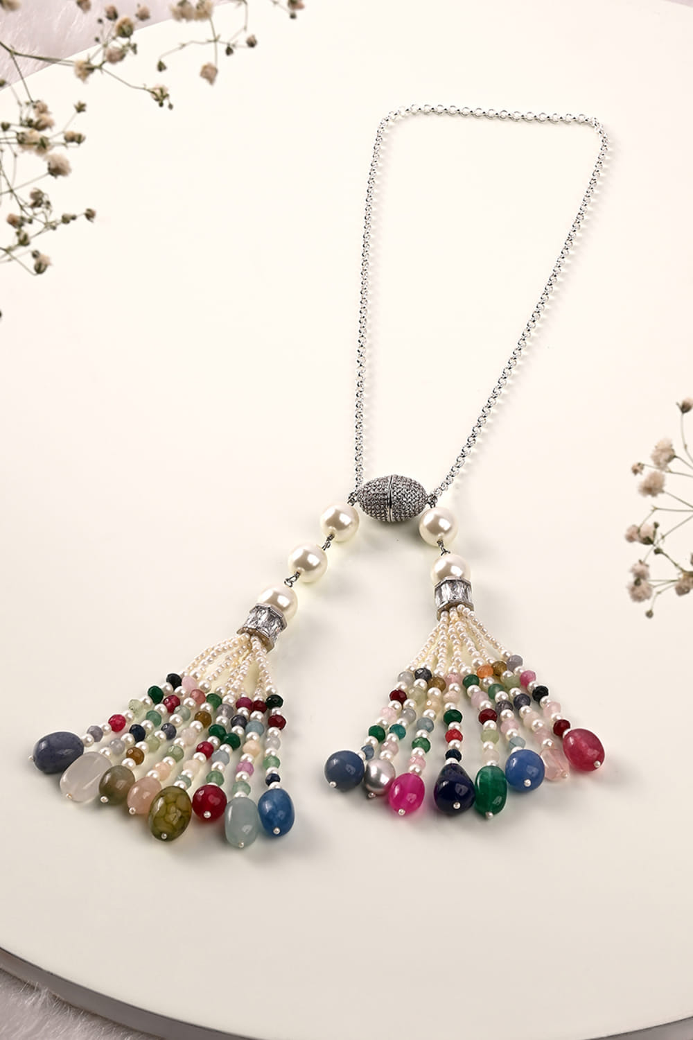 Buy Multicolour pearl and stone tassels necklace by Joules by