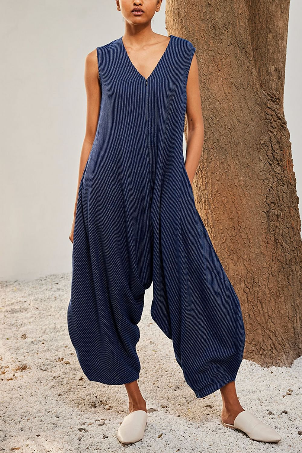 Buy Navy blue striped jumpsuit by Khara Kapas at Aashni and Co