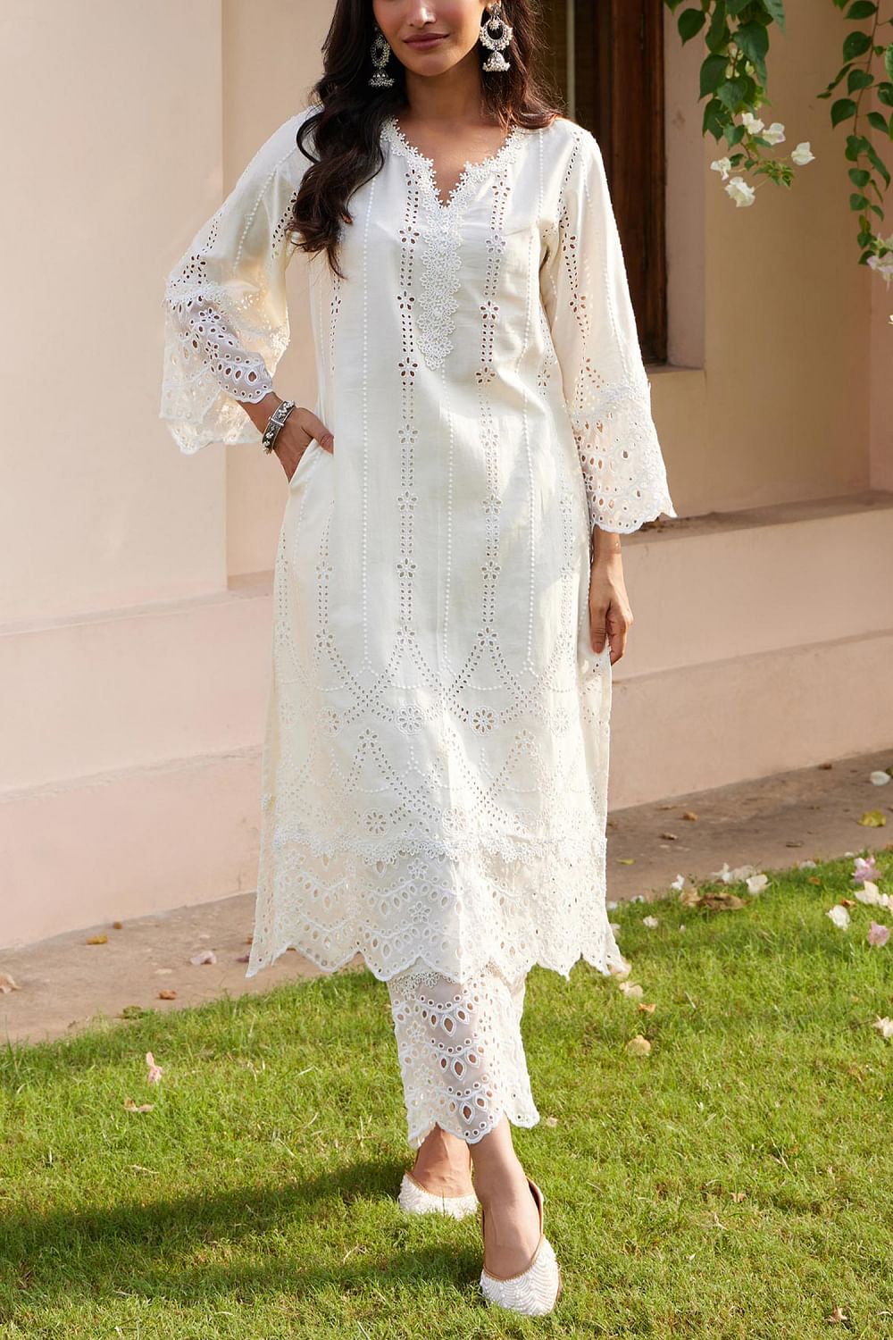 White chikankari pants top