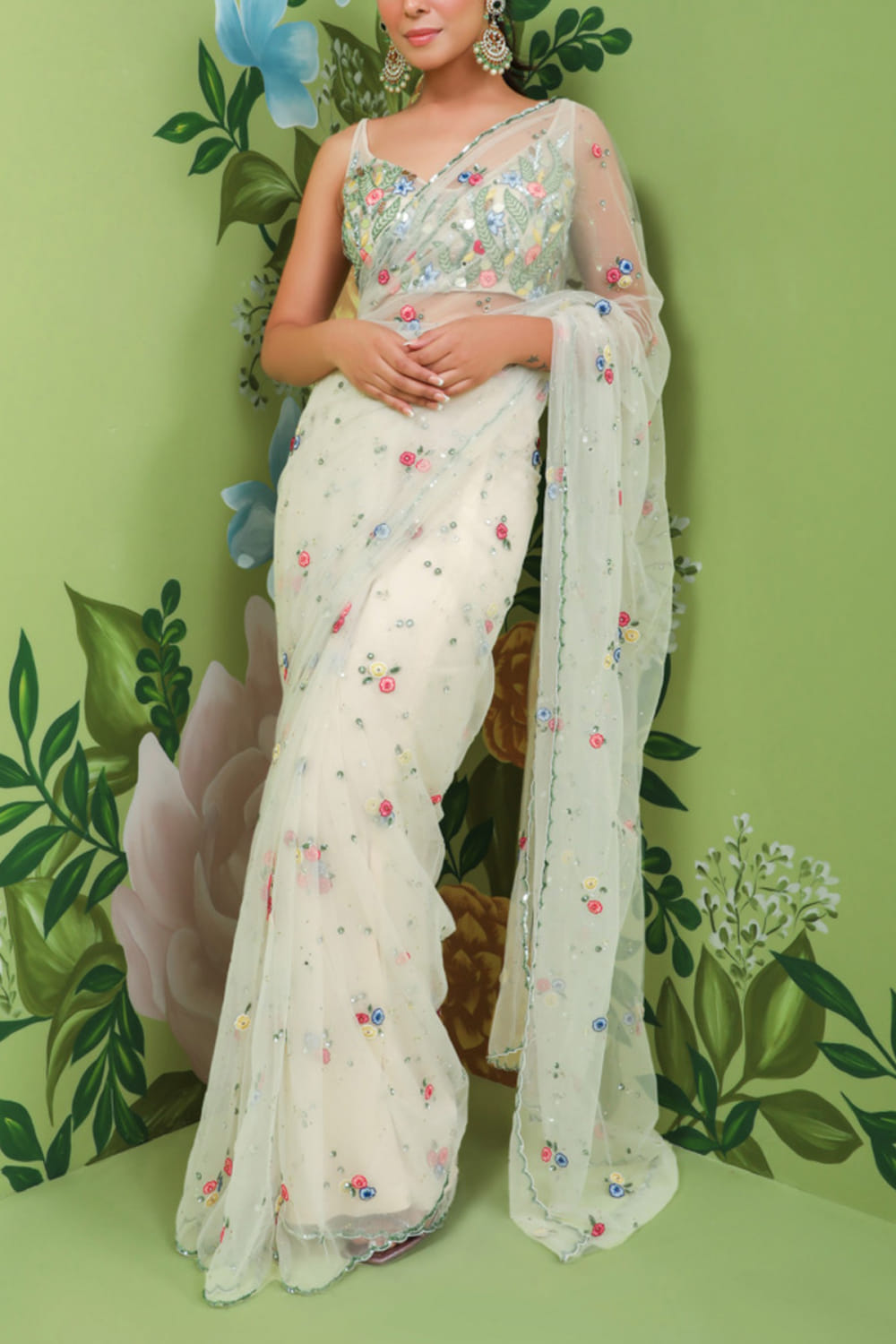 Off White Floral Embroidery Tissue Silk Saree