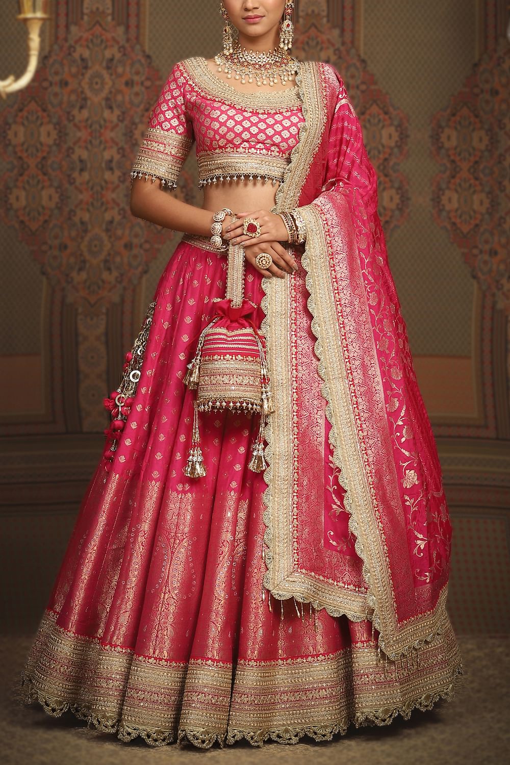 Buy Rani pink banarasi lehenga set by Shikhar Sharma at Aashni and Co