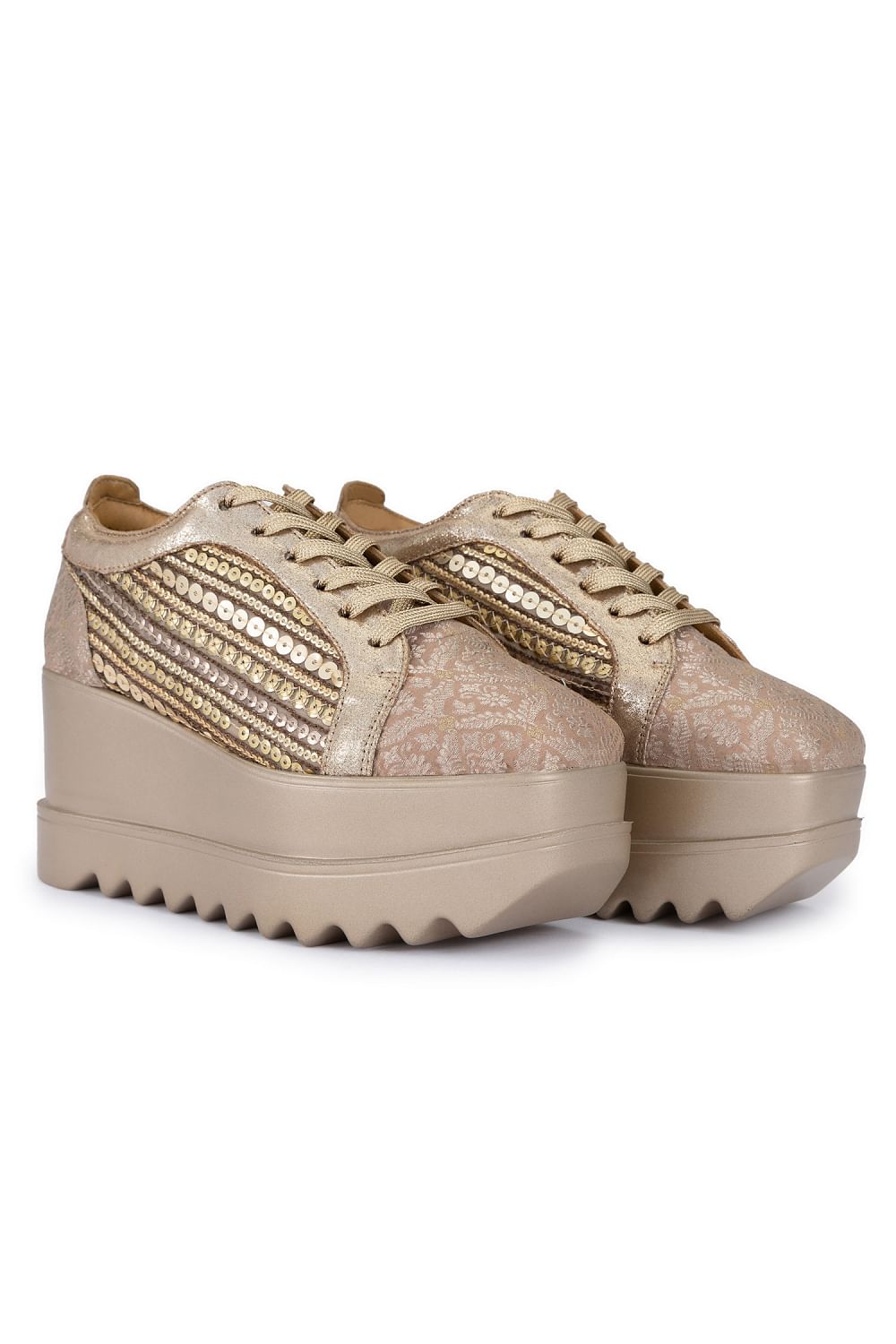 Buy Rose gold sequinned brocade wedge sneakers by Anaar at Aashni and Co