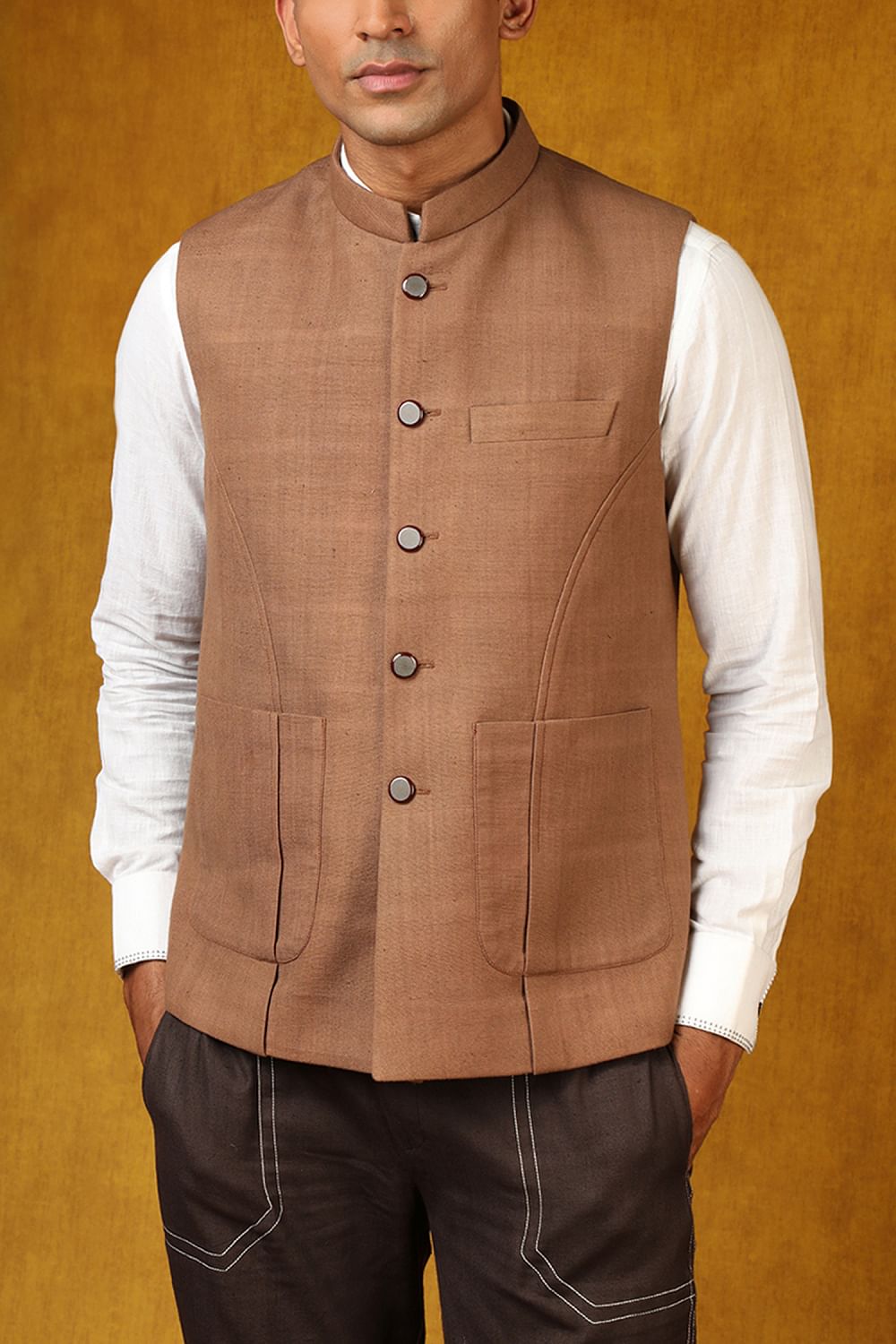 Russet brown khadi Nehru jacket