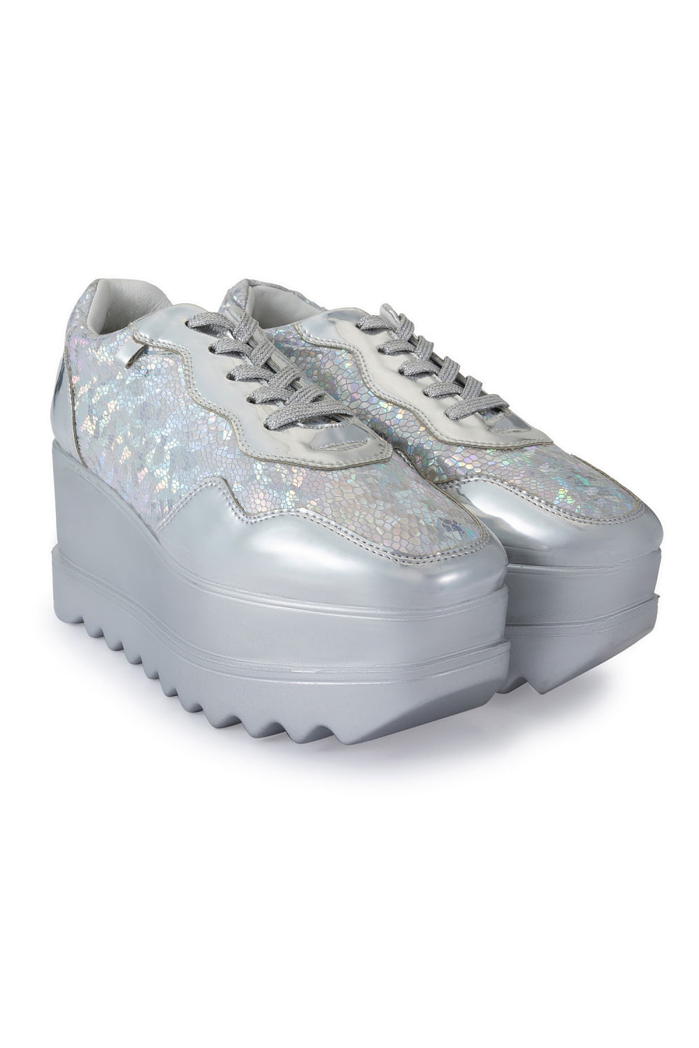 Buy Silver holographic texture wedge sneakers by Anaar at Aashni and Co