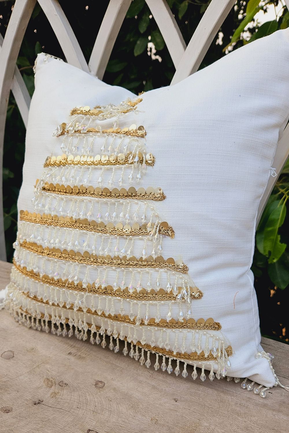 Buy White sequin and crystal square cushion cover by Throw Pillow at Aashni and Co