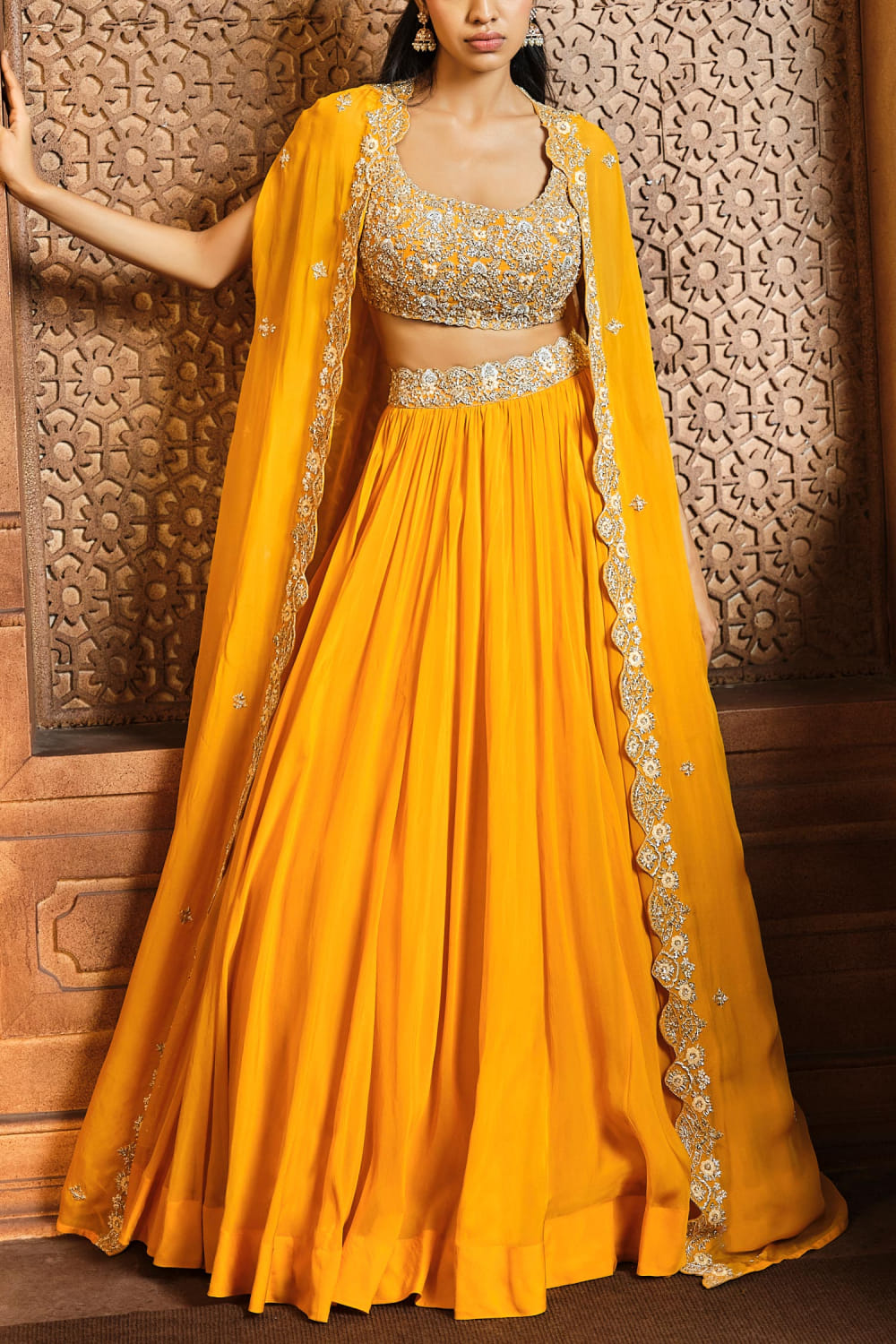 Yellow Peplum Skirt Cape Set