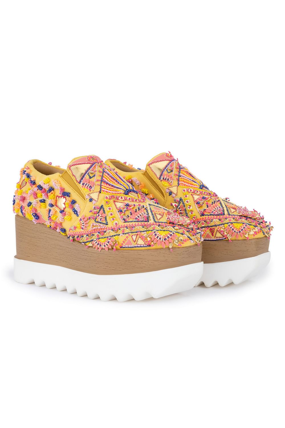 Buy Yellow kaleidoscope embellished wedge sneakers by Anaar at Aashni and Co