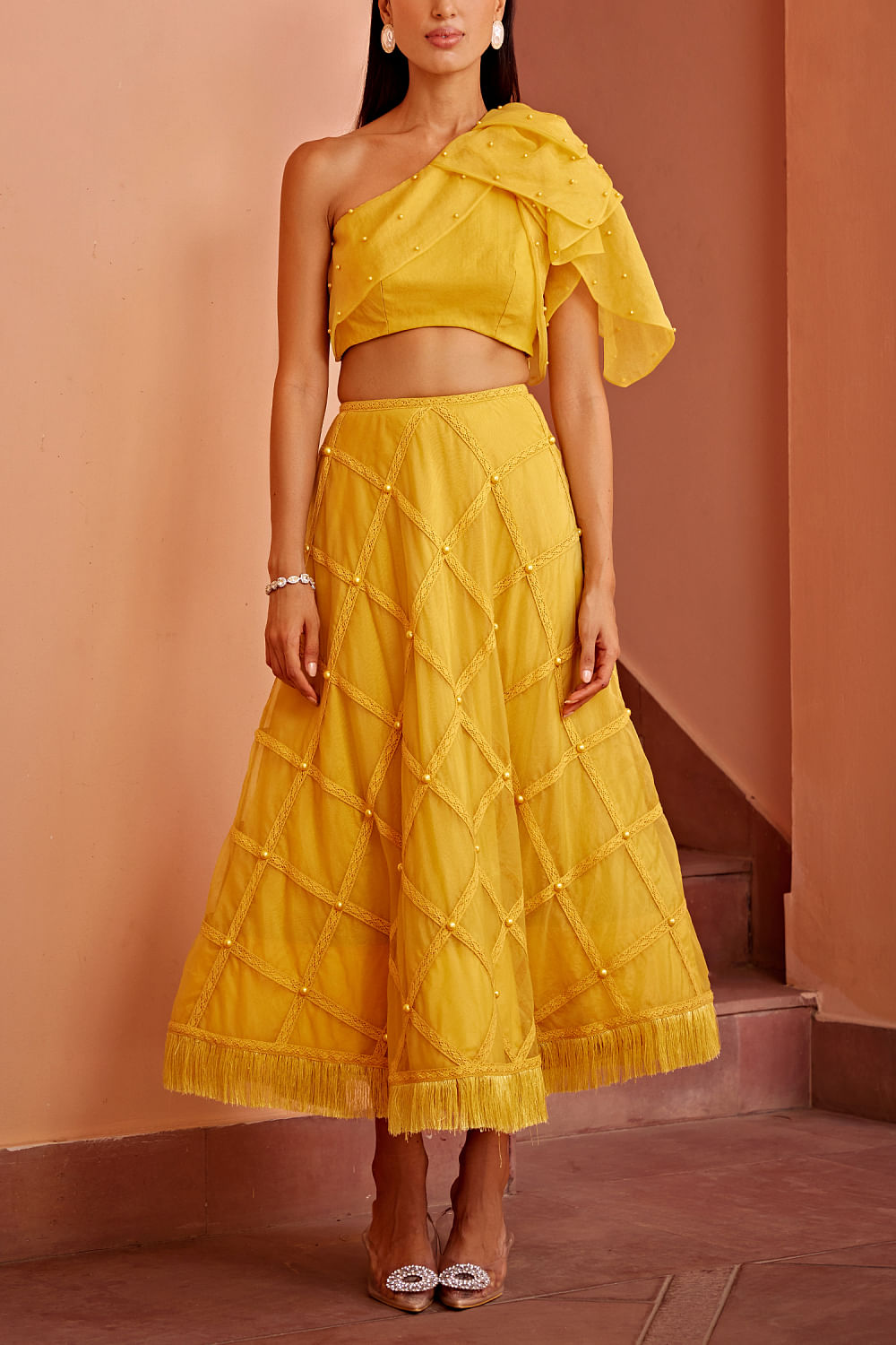 Yellow embellished skirt outlet