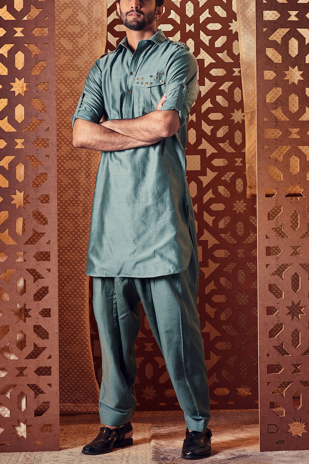 Buy Sage green pathani and Nehru jacket set by Charkhee at Aashni and Co