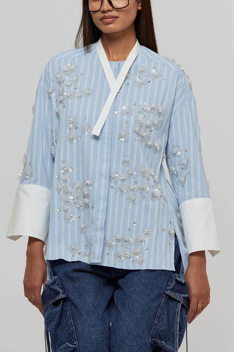 Buy Multicolour 3D floral detail striped shirt by Dhruv