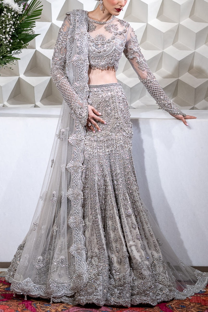 Buy Silver crystal embroidered lehenga set by Elan at Aashni and Co