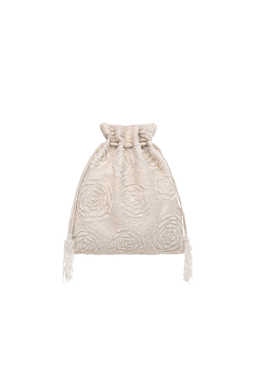 Buy White rose embellished potli by Lovetobag Ayushi at Aashni and Co