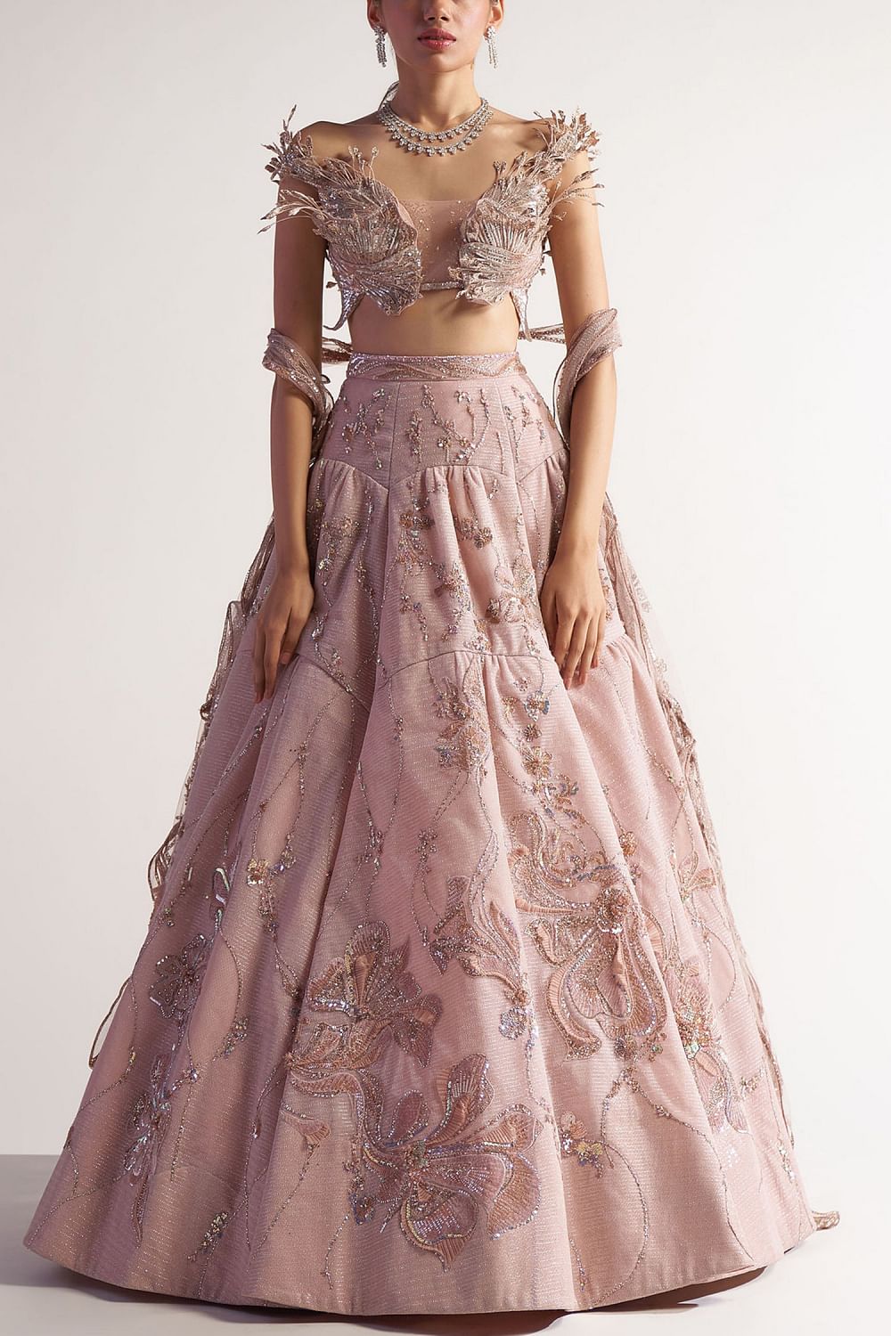 Buy Peach 3D floral lehenga set by Sulakshana Monga at Aashni and Co
