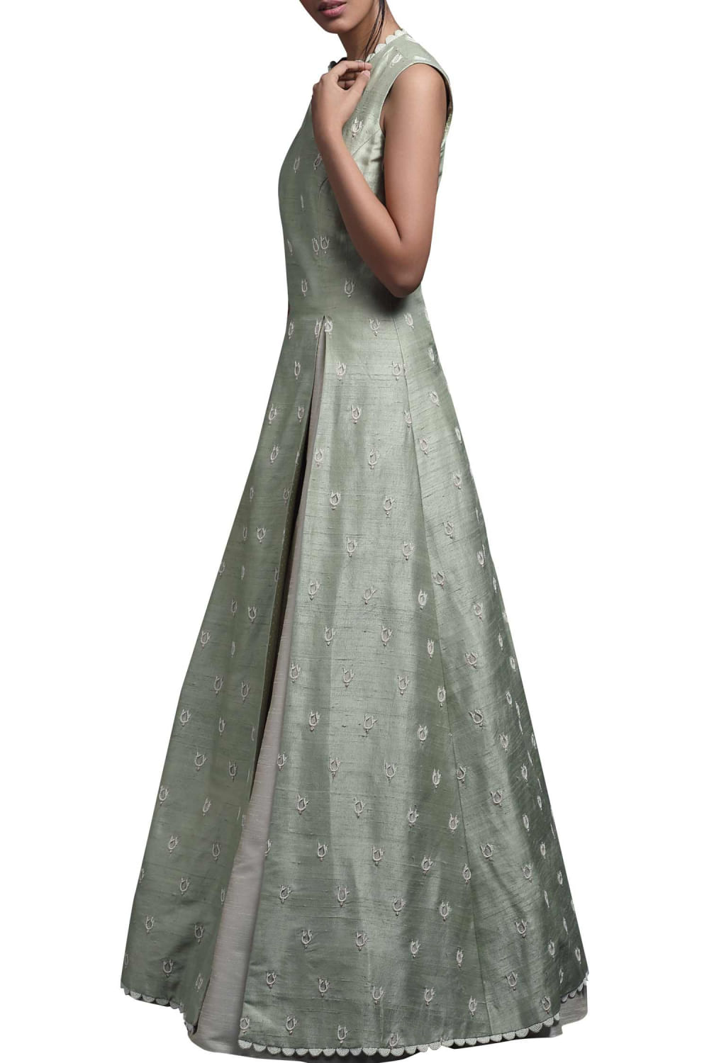 Buy Mint green high slit gown and beige lehenga set by \N at Aashni and Co