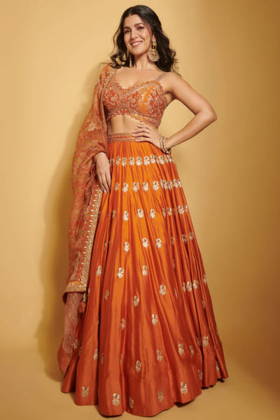 Burnt orange floral embroidery lehenga set