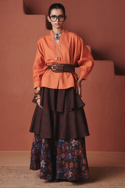 Saphed Brown printed tiered skirt SAPJAN26D236396