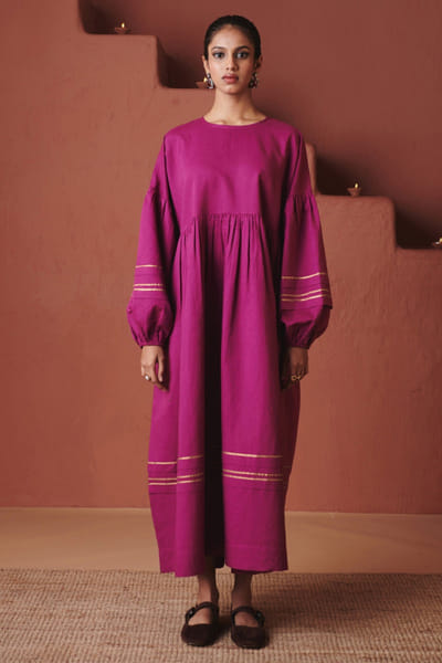 Purple gota embroidered cotton linen dress
