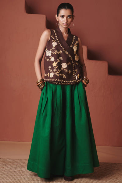 Green cotton linen pleated pants