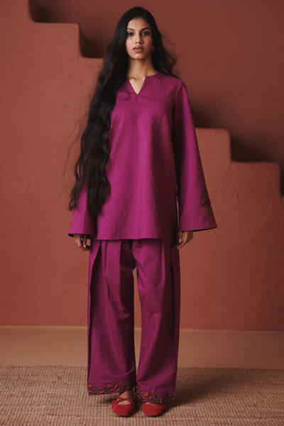 Orchid purple linen farshi kurta set