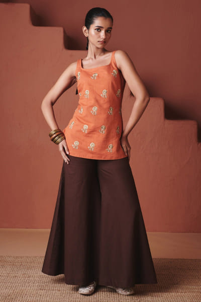 Orange and brown motif embroidered sharara set