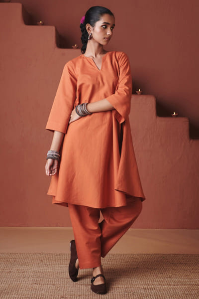 Orange glass bead embroidered phiral kurta set