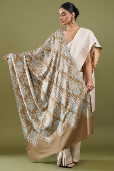 Moss green embroidered pashmina shawl