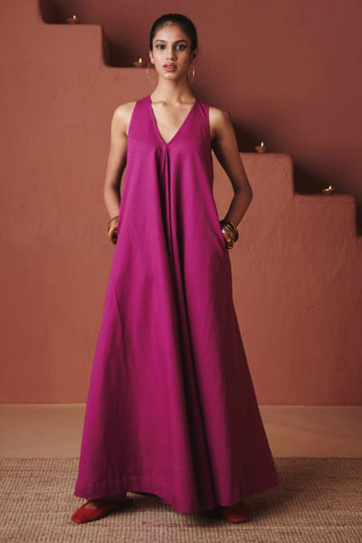 Purple floral cotton linen flared dress