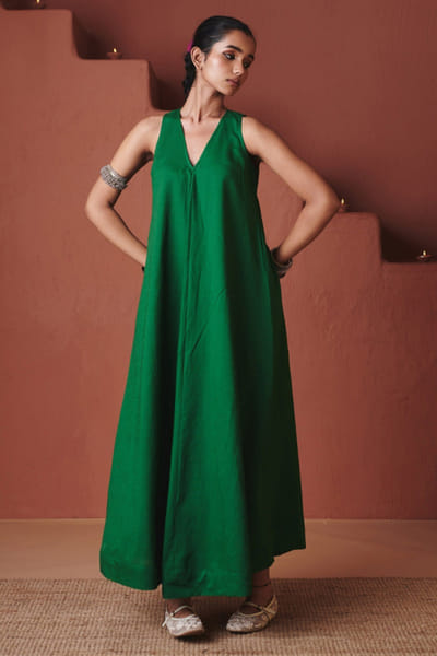 Green cotton line flared dress