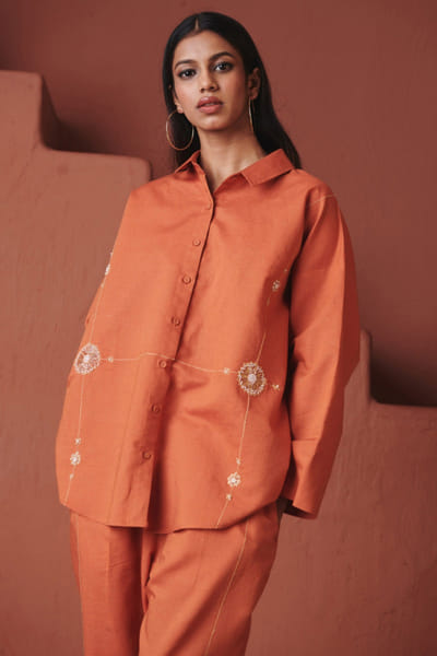 Orange zari embroidered oversized shirt