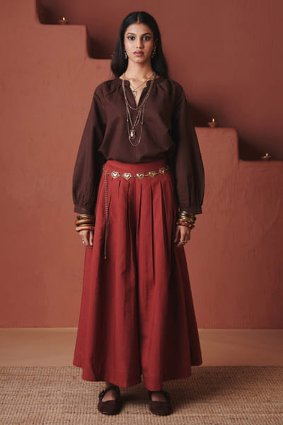 Brown cotton linen billow top