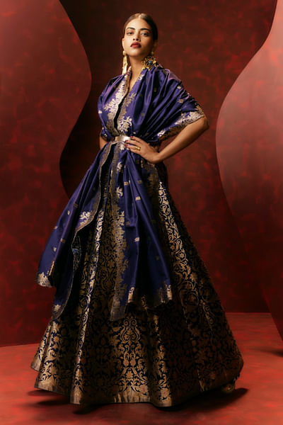 Purple baroque kadhwa banarasi silk lehenga set